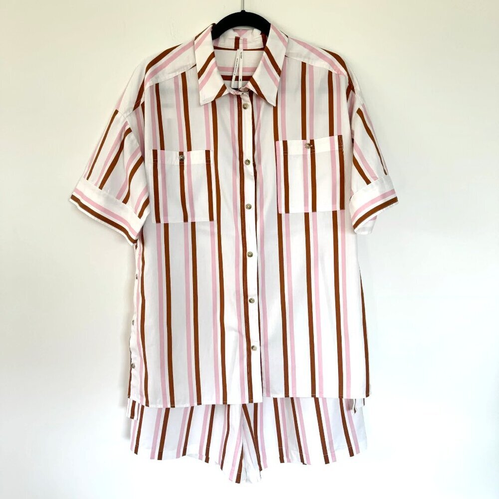 Anthropologie Boxy Button-Front Shirt Pink/Red Vacation Stripe Size S